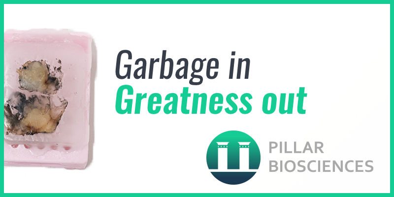 a graphic that reads "Garbage in, Greatness out" next to a photo of a tumor sample embedded in parafin wax for analysis